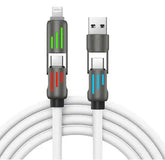 White charging cable with multiple connector heads on a white background
